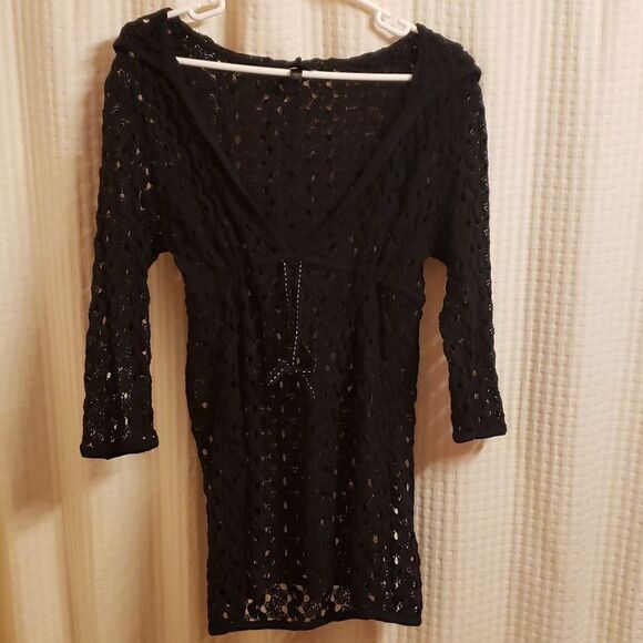 Soma sz L hooded hoodie black lace cover up shirt 3/4 sleeve cinch waist… - Picture 6 of 16